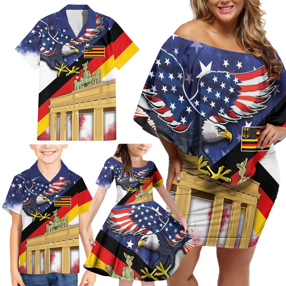 German American Heritage Month Family Matching Off Shoulder Short Dress and Hawaiian Shirt United States Eagle and Brandenburg Gate with National Flag - Wonder Print Shop