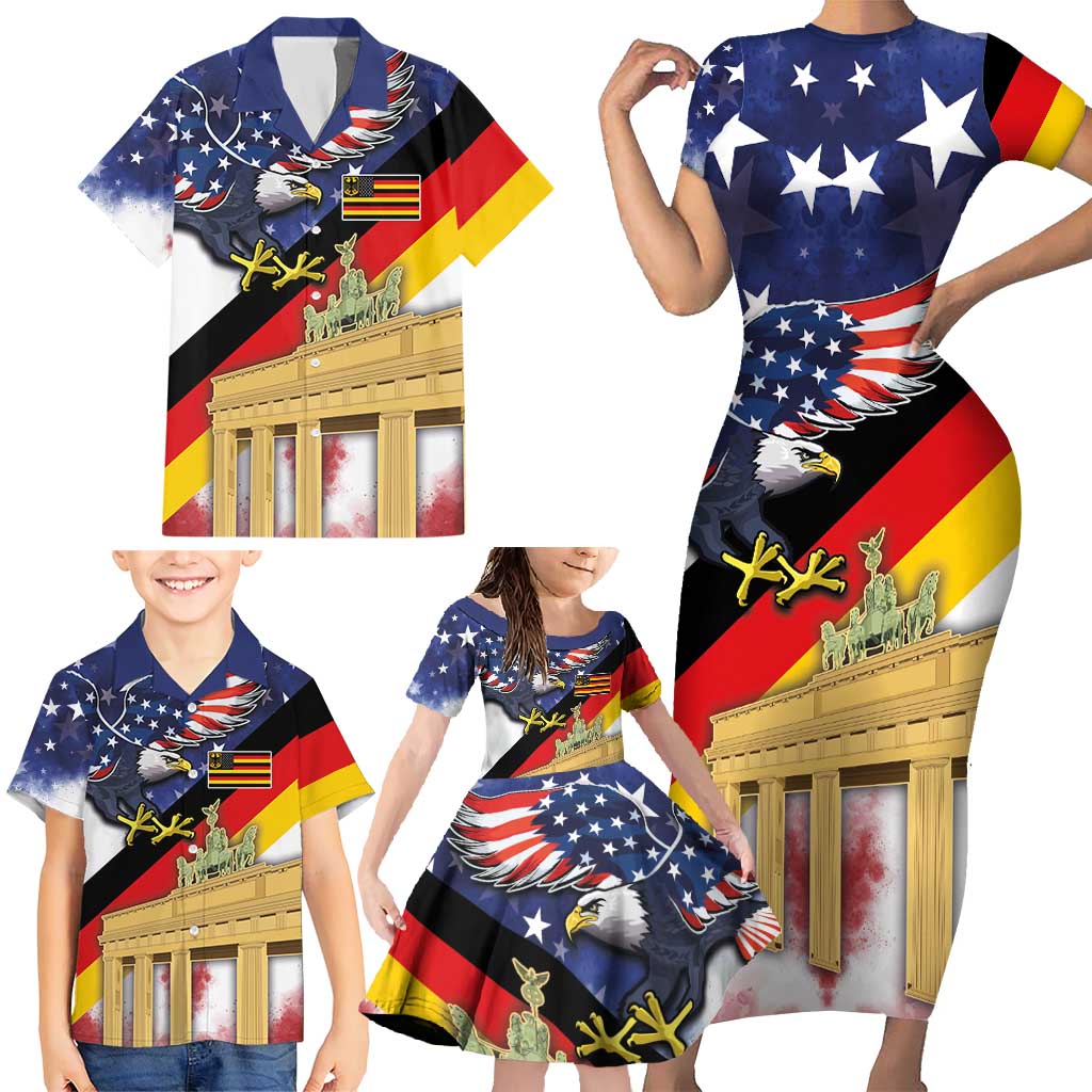 German American Heritage Month Family Matching Short Sleeve Bodycon Dress and Hawaiian Shirt United States Eagle and Brandenburg Gate with National Flag - Wonder Print Shop