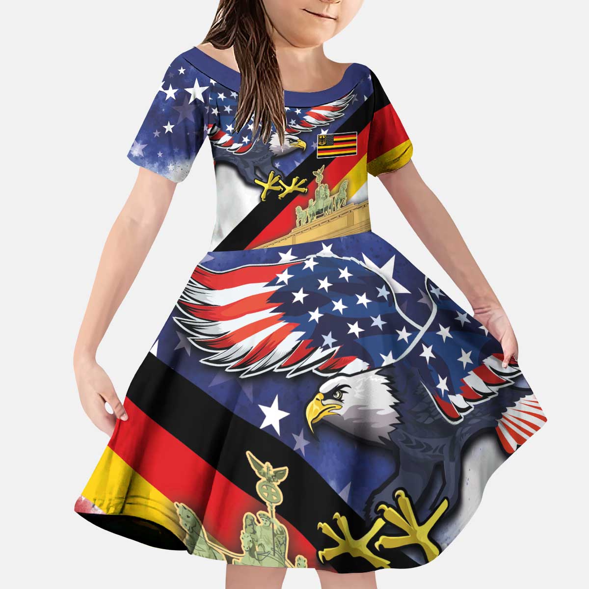 German American Heritage Month Kid Short Sleeve Dress United States Eagle and Brandenburg Gate with National Flag - Wonder Print Shop