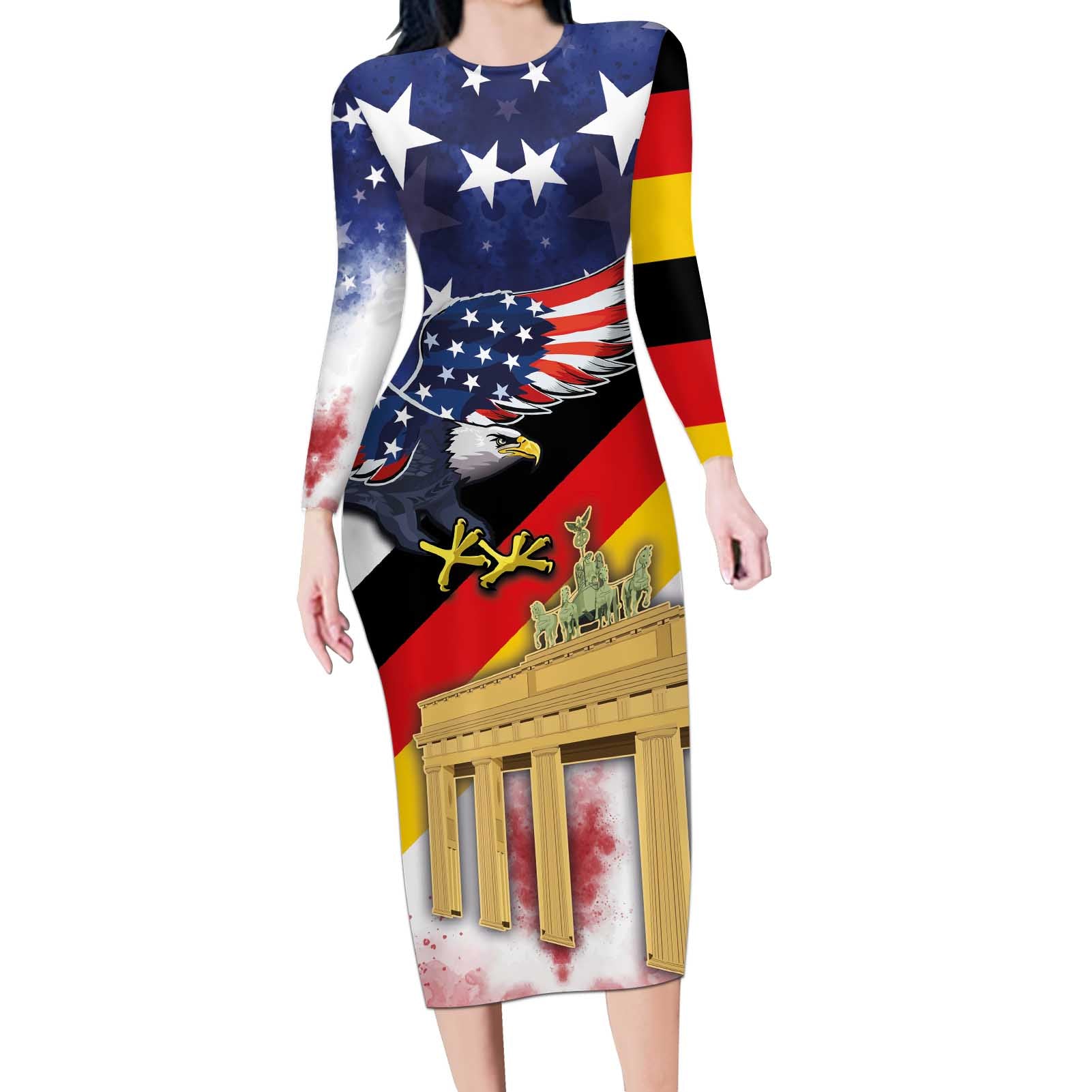 German American Heritage Month Long Sleeve Bodycon Dress United States Eagle and Brandenburg Gate with National Flag - Wonder Print Shop