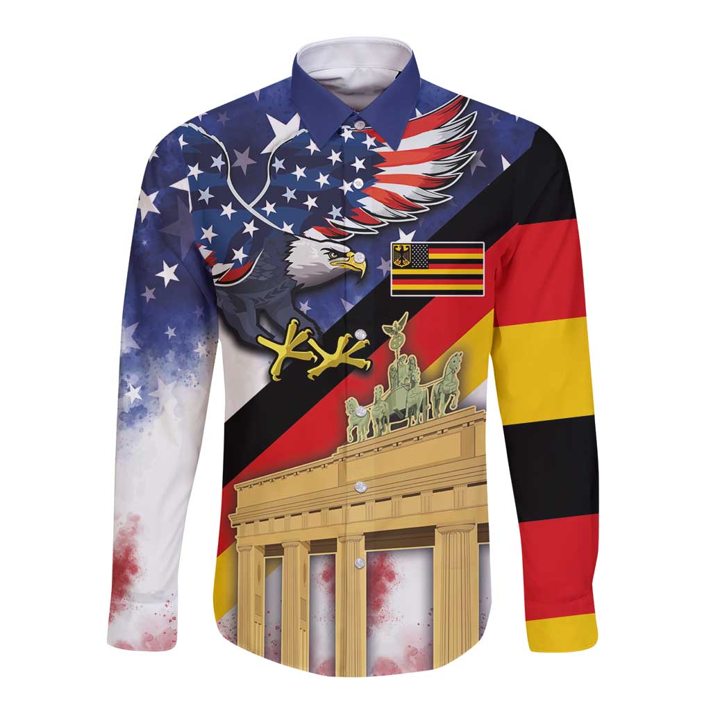 German American Heritage Month Long Sleeve Button Shirt United States Eagle and Brandenburg Gate with National Flag - Wonder Print Shop