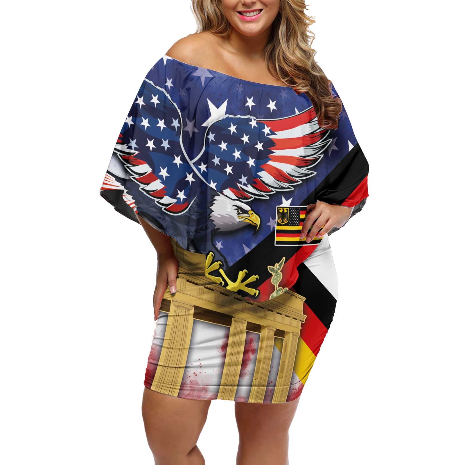 German American Heritage Month Off Shoulder Short Dress United States Eagle and Brandenburg Gate with National Flag - Wonder Print Shop