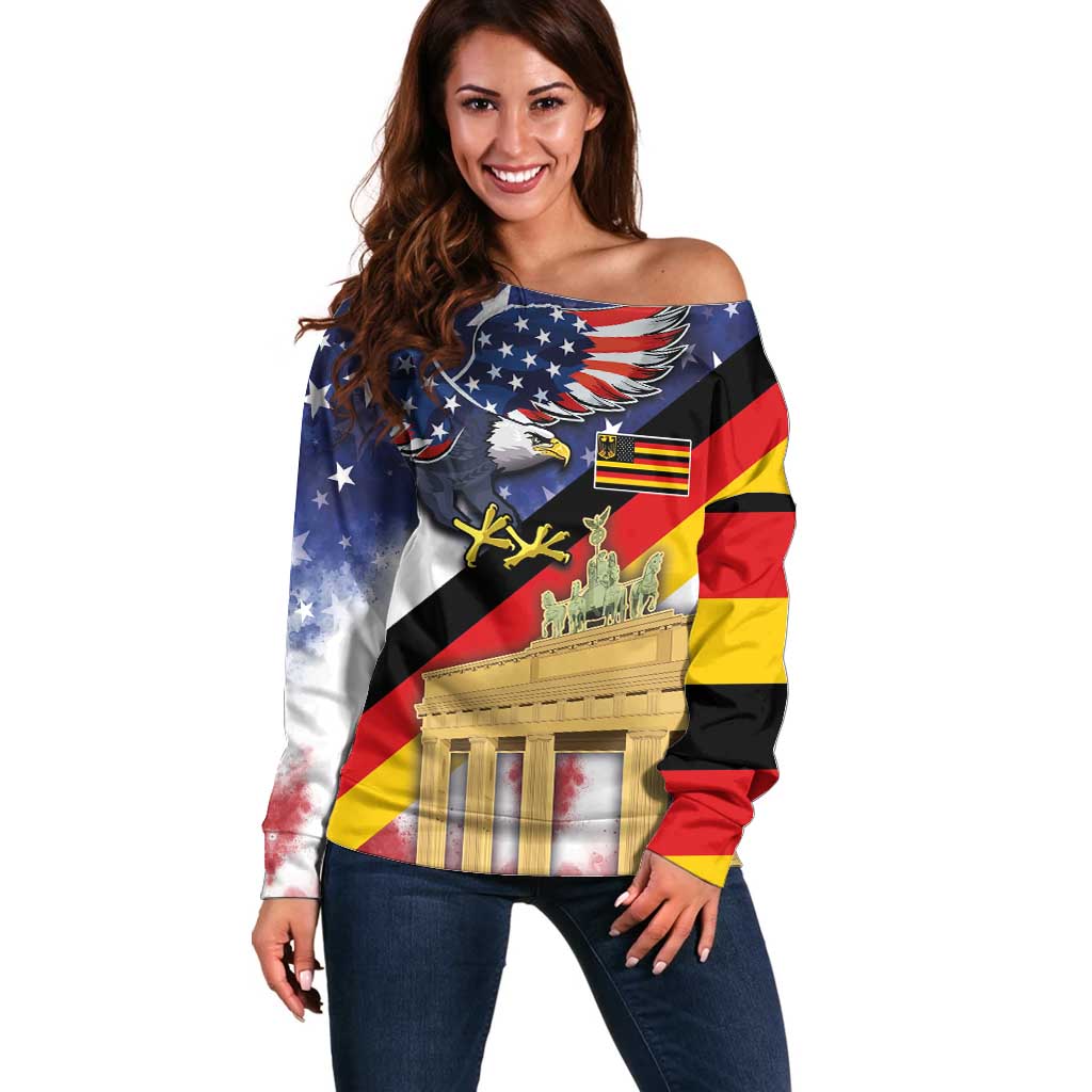 German American Heritage Month Off Shoulder Sweater United States Eagle and Brandenburg Gate with National Flag - Wonder Print Shop