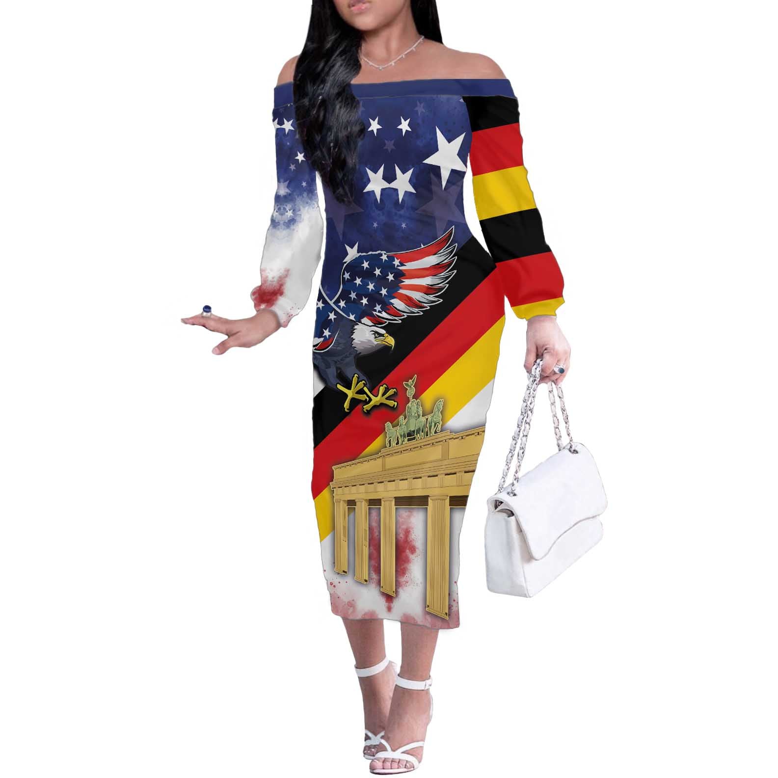 German American Heritage Month Off The Shoulder Long Sleeve Dress United States Eagle and Brandenburg Gate with National Flag - Wonder Print Shop