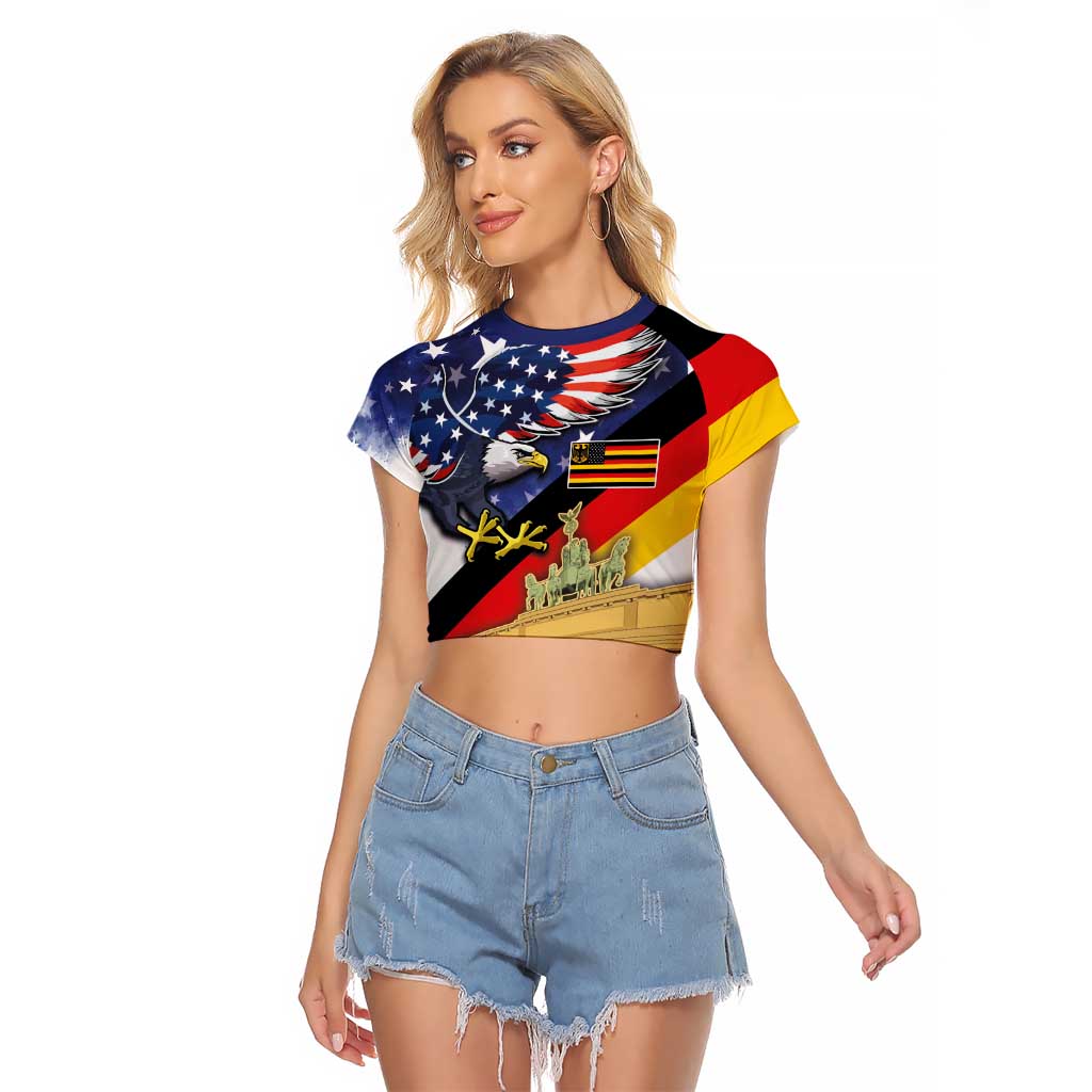 German American Heritage Month Raglan Cropped T Shirt United States Eagle and Brandenburg Gate with National Flag