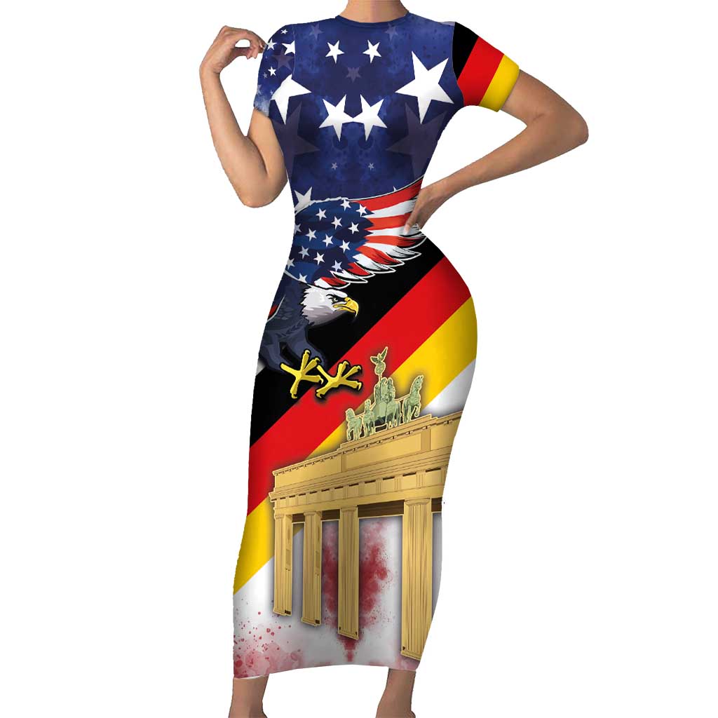 German American Heritage Month Short Sleeve Bodycon Dress United States Eagle and Brandenburg Gate with National Flag