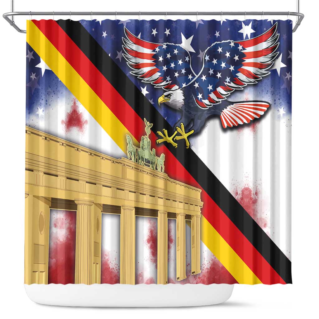 German American Heritage Month Shower Curtain United States Eagle and Brandenburg Gate with National Flag