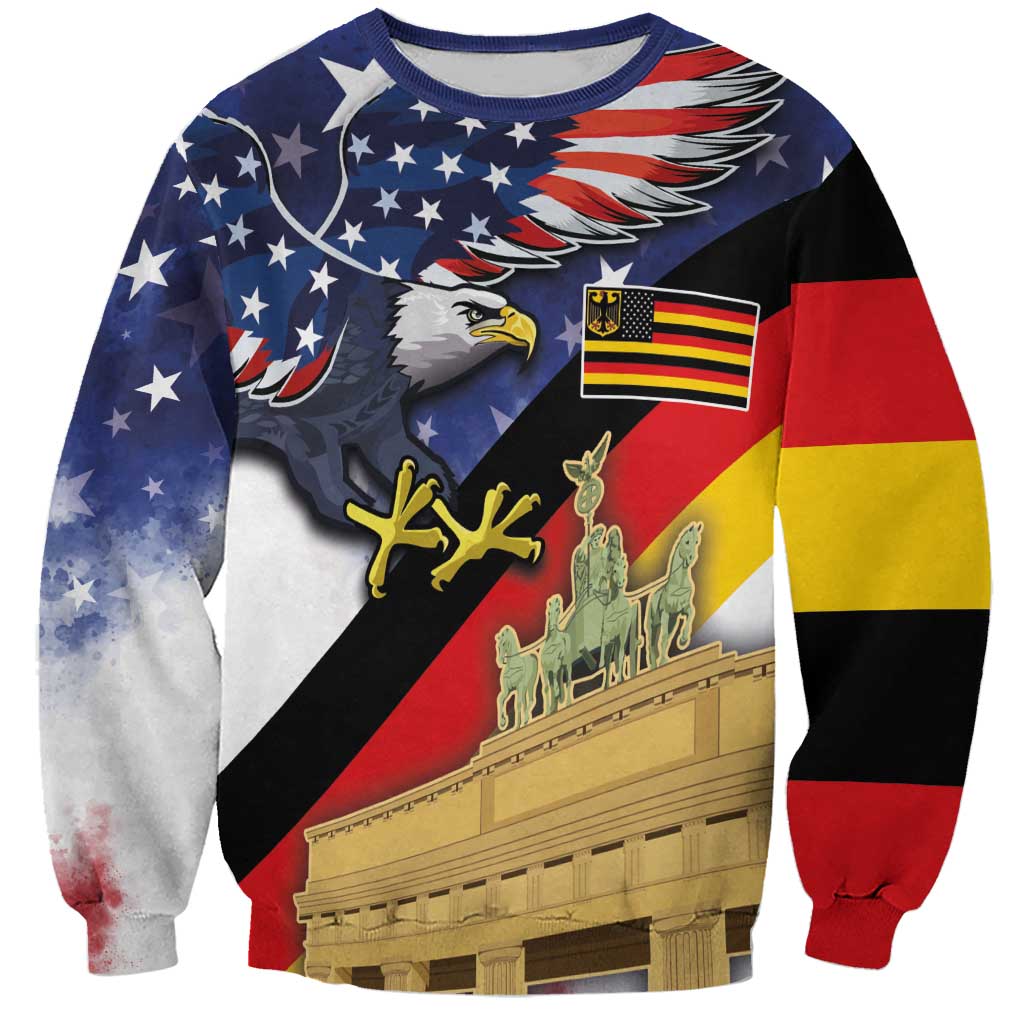Multicolor crewneck sweatshirt with eagle, Brandenburg Gate, and small US flag chest print