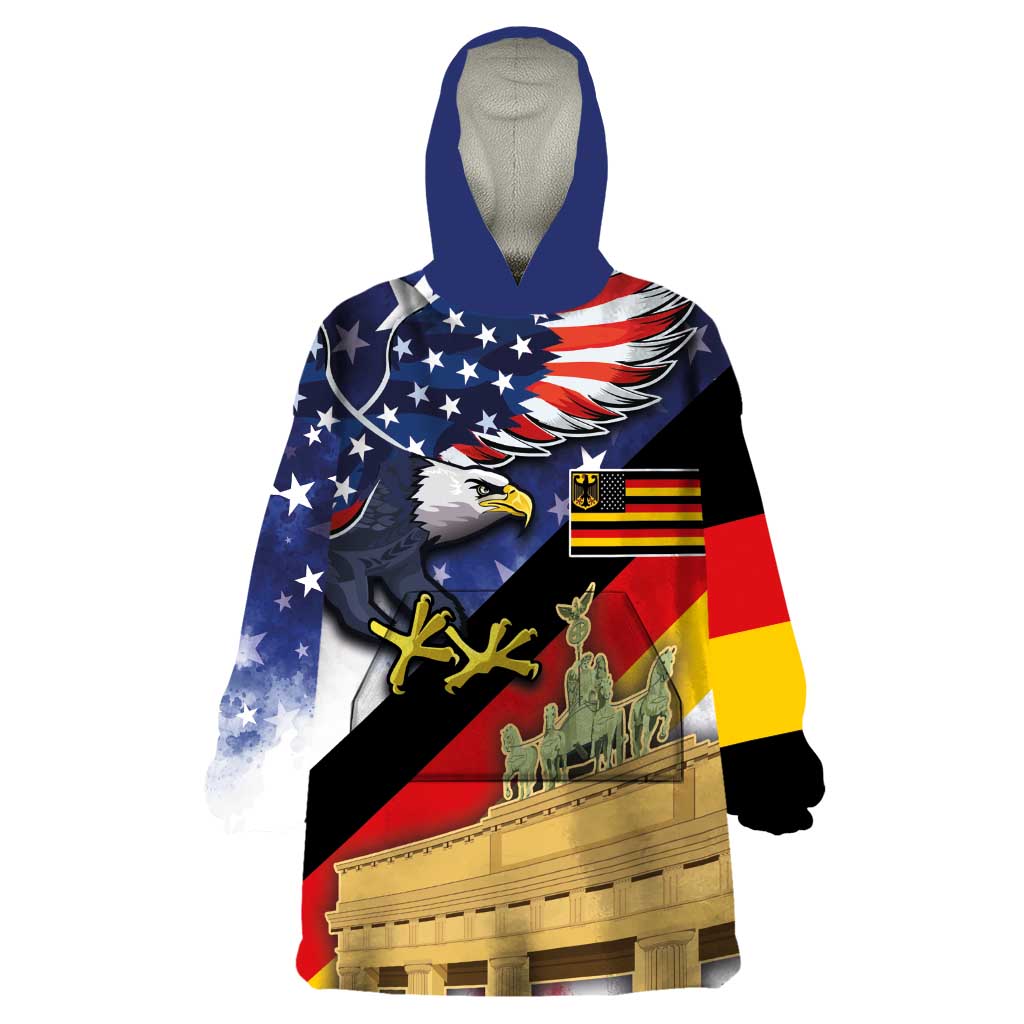 German American Heritage Month Wearable Blanket Hoodie United States Eagle and Brandenburg Gate with National Flag