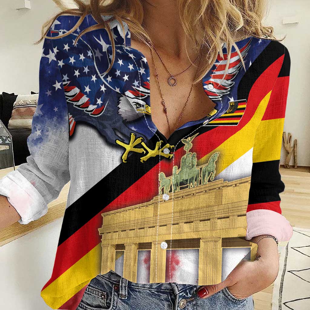 German American Heritage Month Women Casual Shirt United States Eagle and Brandenburg Gate with National Flag