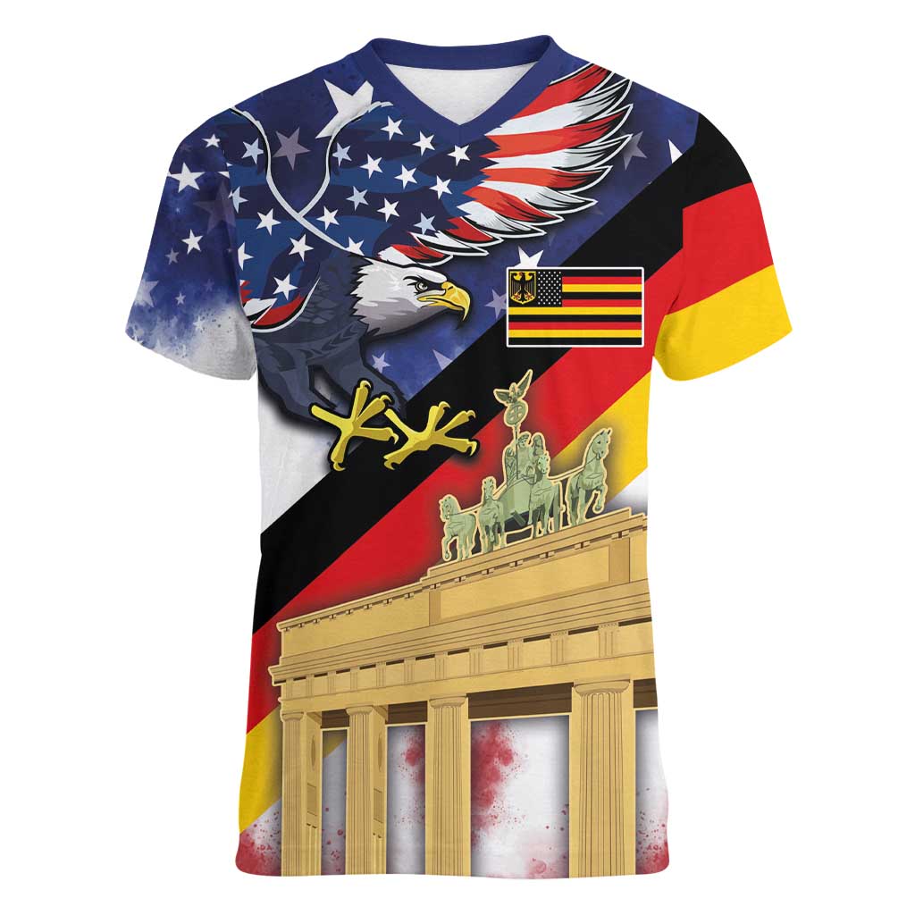 German American Heritage Month Women V-Neck T-Shirt United States Eagle and Brandenburg Gate with National Flag