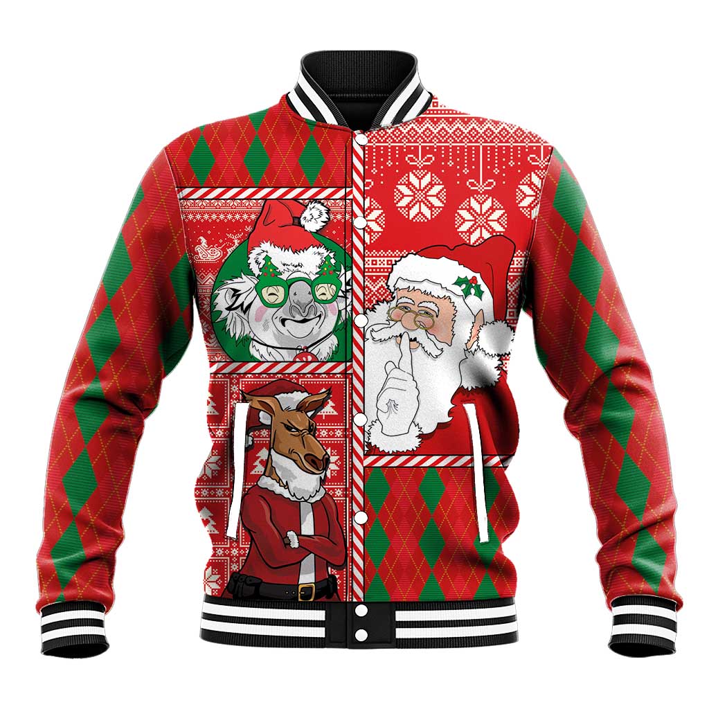 Red baseball jacket with striped ribbed collar and Santa/koala holiday graphic front