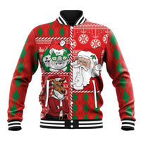 Red baseball jacket with striped ribbed collar and Santa/koala holiday graphic front