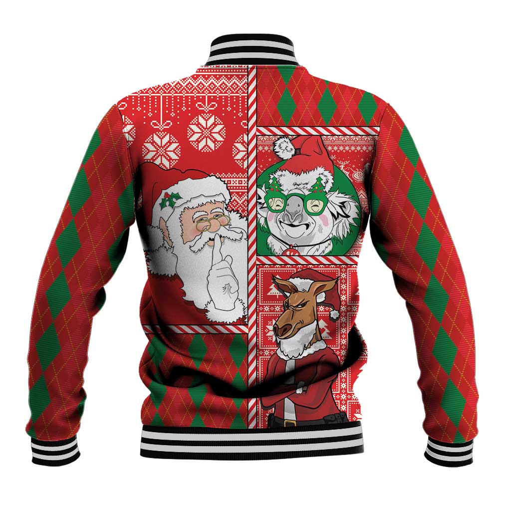 Red and green argyle baseball jacket with striped ribbed cuffs and holiday graphic back