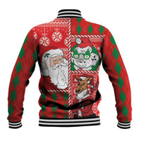 Red and green argyle baseball jacket with striped ribbed cuffs and holiday graphic back