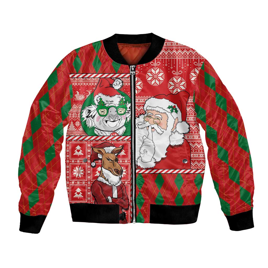 Red unisex bomber jacket with black rib trim, full-zip front, holiday Santa and koala print