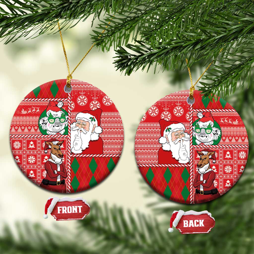 Red round ceramic ornament set: Santa and koala kangaroo, front and back visible