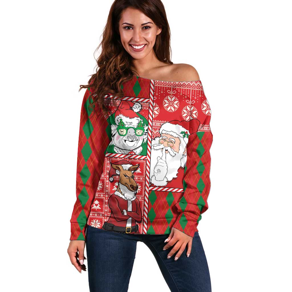 Australian Christmas Off Shoulder Sweater - Santa Koala Kangaroo and Holiday Cheer - Wonder Print Shop