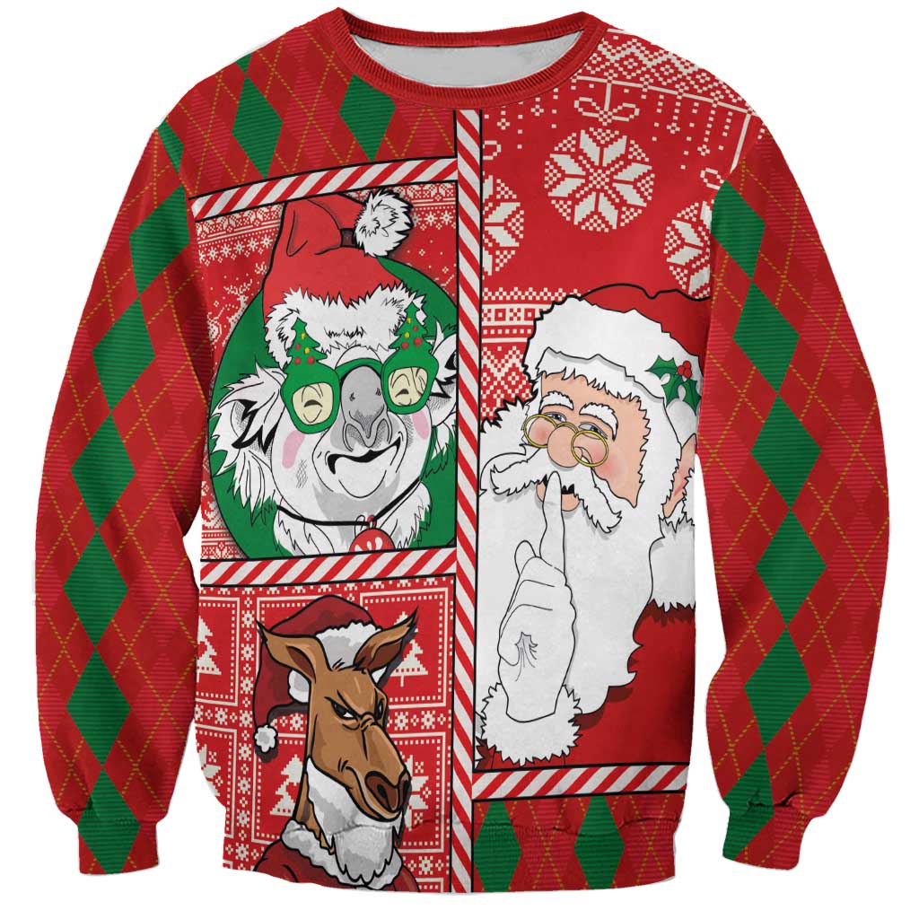 Red Christmas sweatshirt with koala and Santa graphic, green diamond sleeves