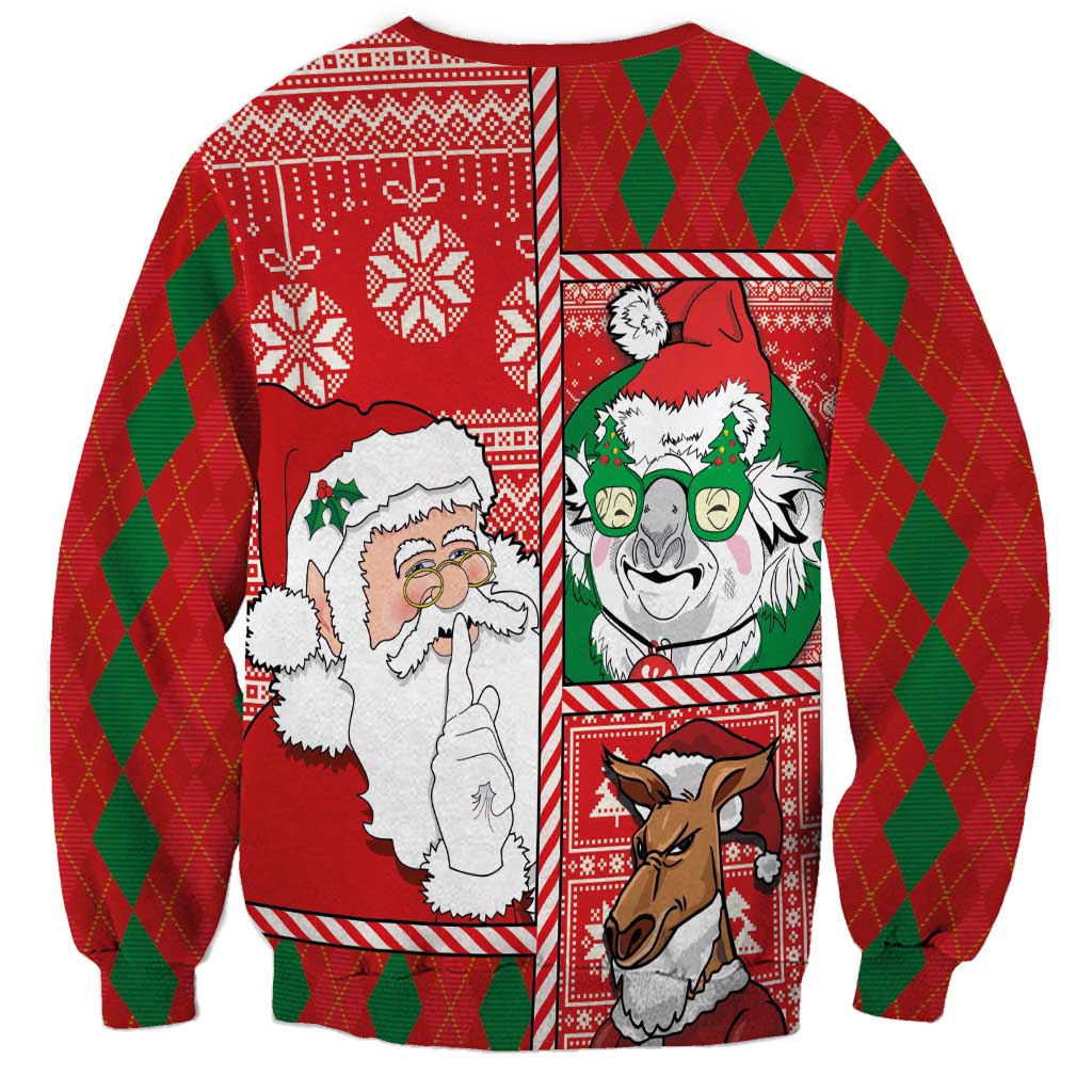 Red Christmas sweatshirt with back koala, Santa and reindeer print, diamond sleeve panels