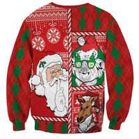 Red Christmas sweatshirt with back koala, Santa and reindeer print, diamond sleeve panels