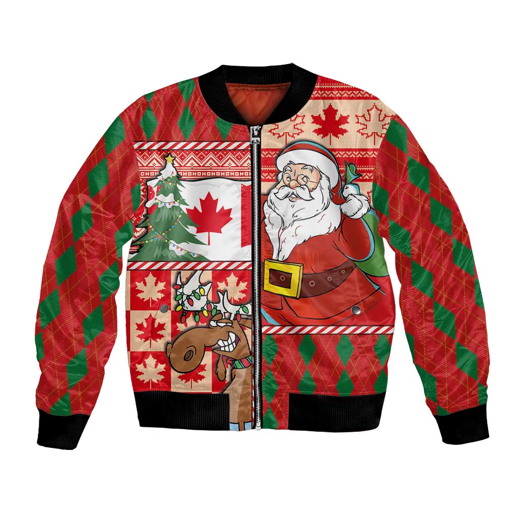 Red unisex bomber jacket with Santa and moose patchwork, ribbed cuffs and zipper front