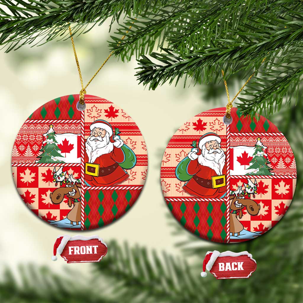 Red ceramic round Santa and moose ornament with gold loop, Front and Back tags