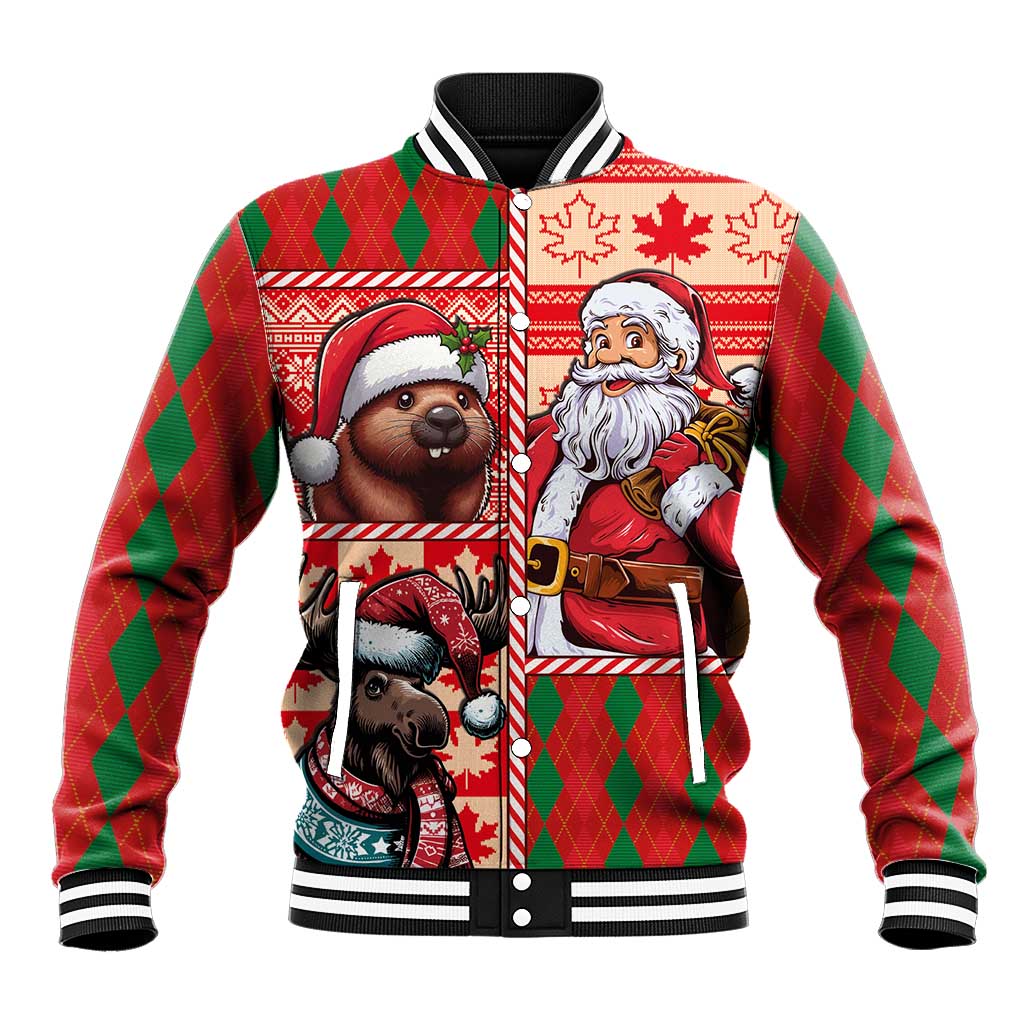 Red and green unisex baseball jacket with Santa, beaver and moose, striped rib trim
