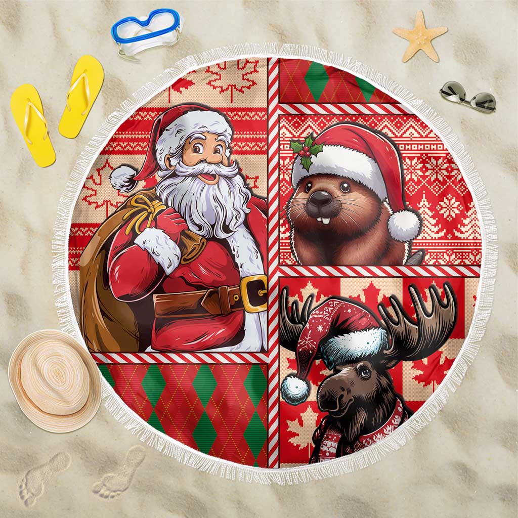 Round red beach blanket with Santa, beaver, and moose patchwork design, white fringe