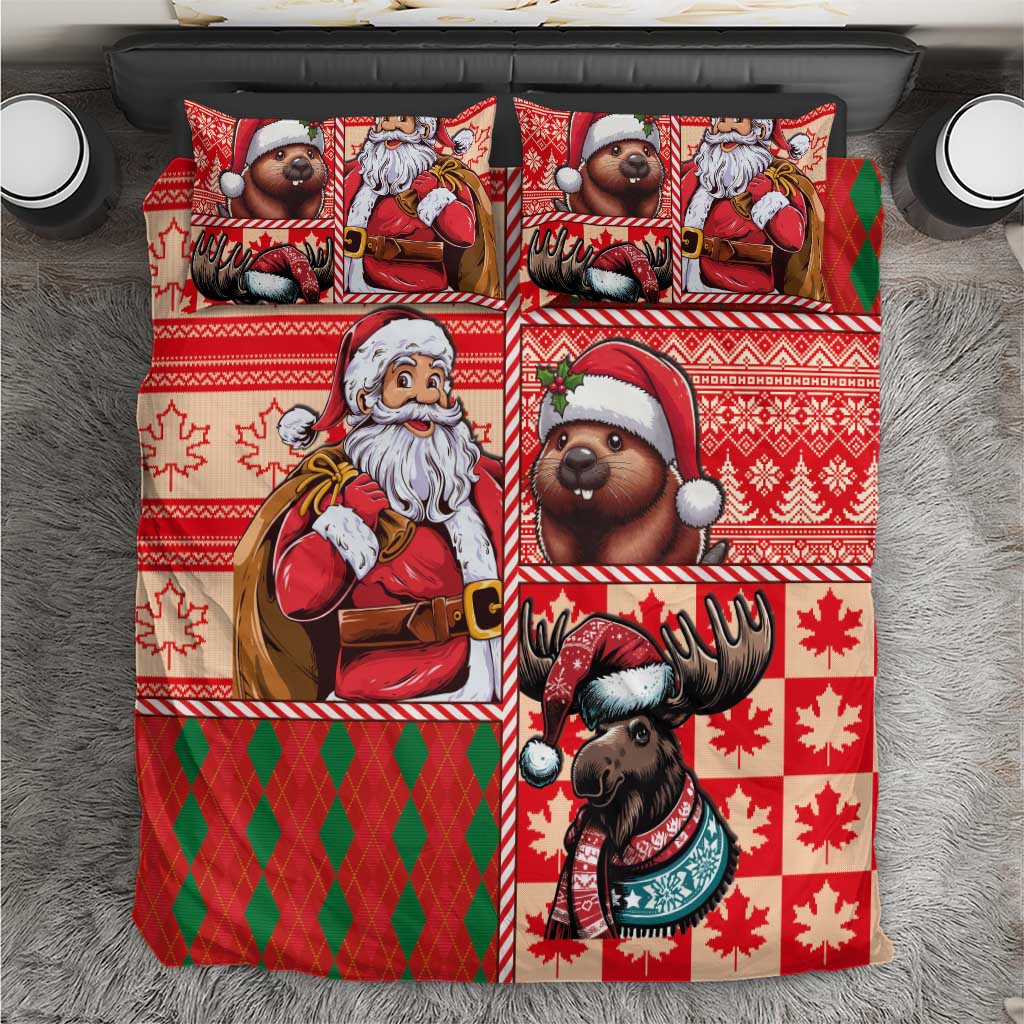 Red Christmas bedding set with cartoon Santa, bear and moose patterns, two pillows