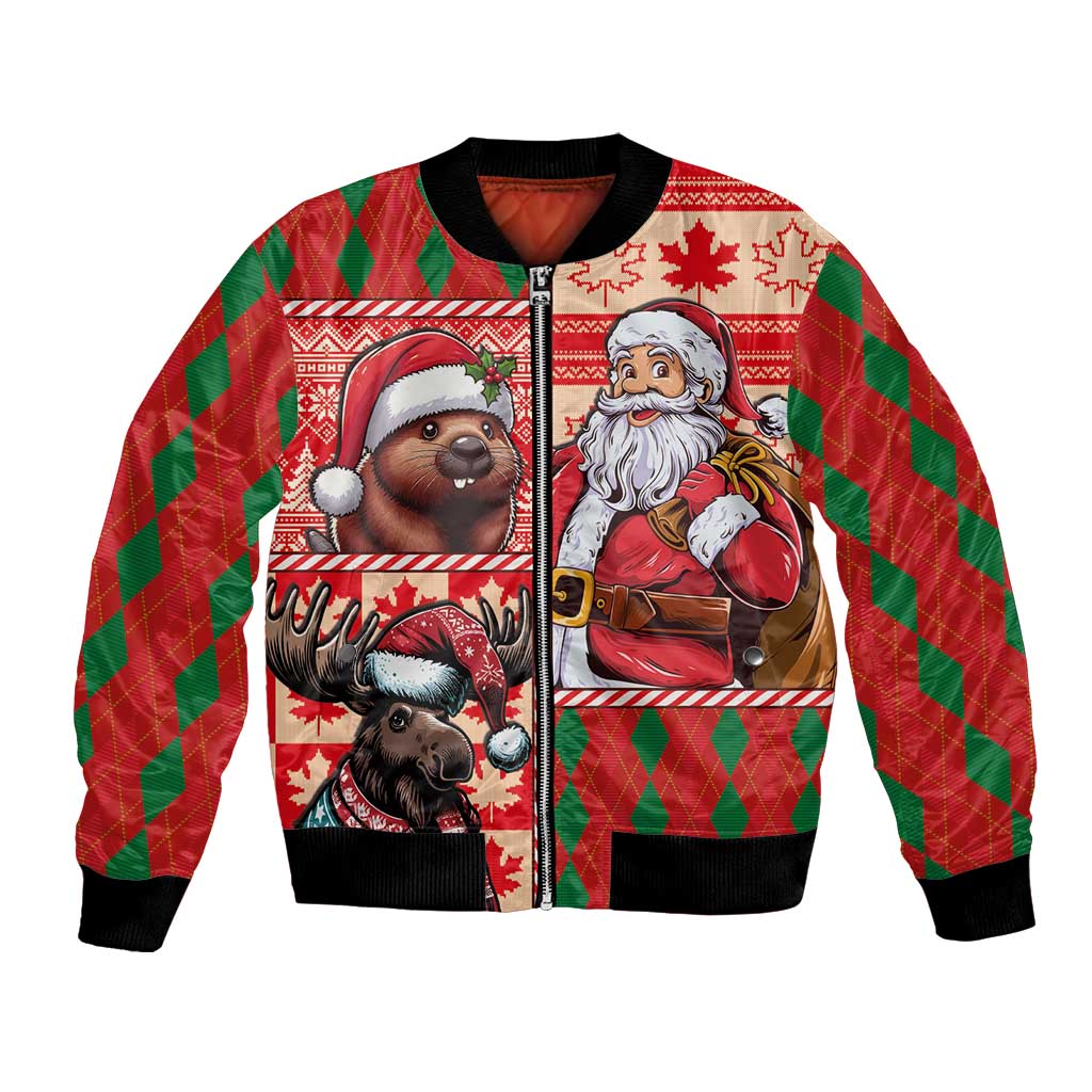Red bomber jacket with black ribbed trim, zip front, festive animals and Santa graphic