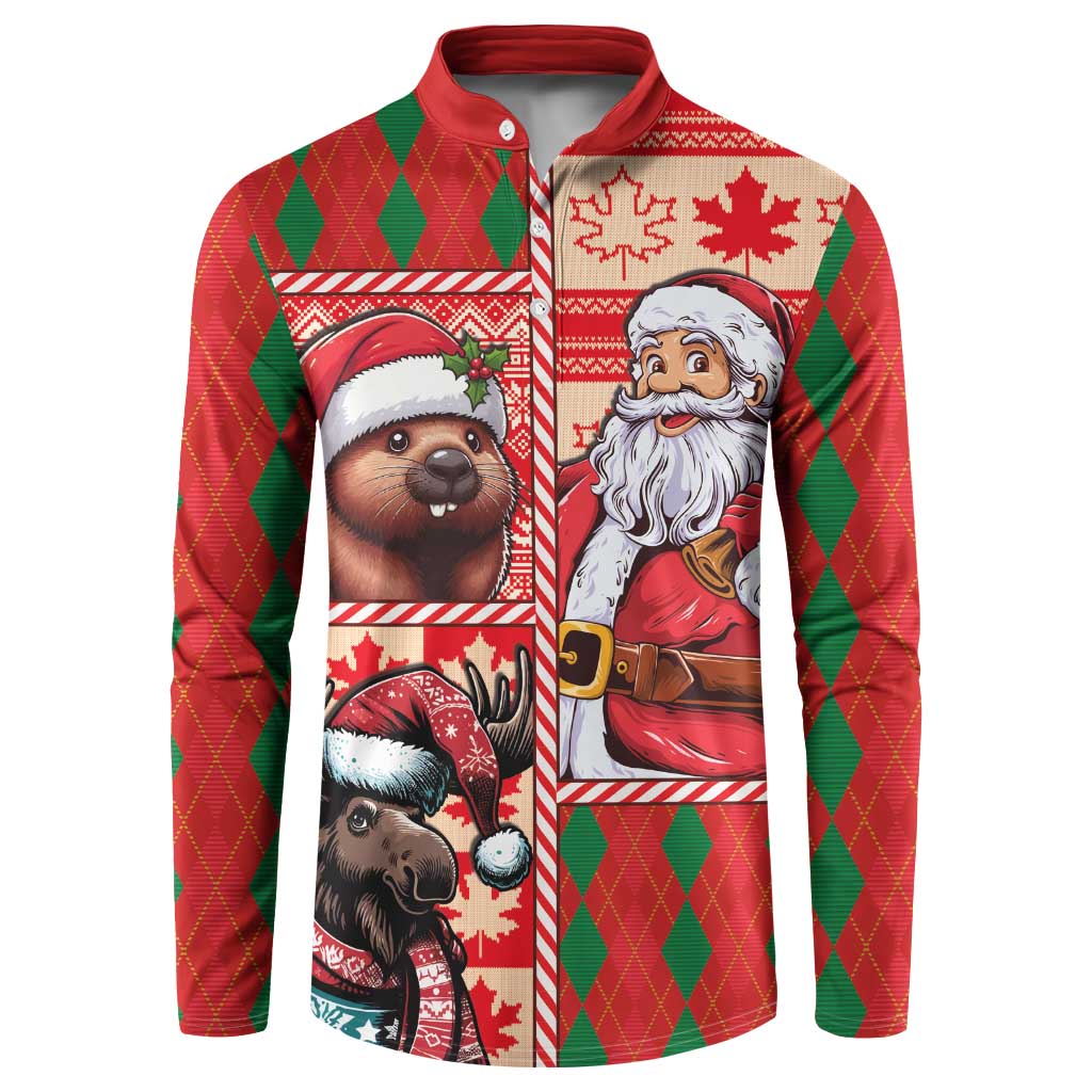 Red button-up sweatshirt with front Santa and beaver moose artwork panel, long sleeves