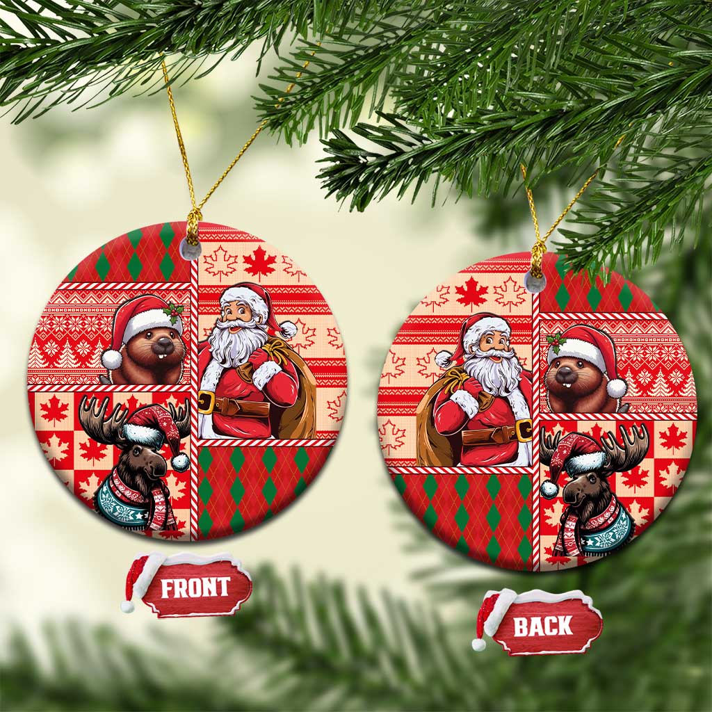 Two red-green ceramic Santa ornaments with beaver and moose, round shapes with gold loops