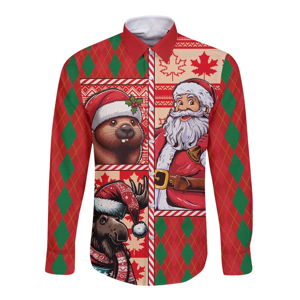 Red long-sleeve button shirt with green diamond pattern and animal Santa front print