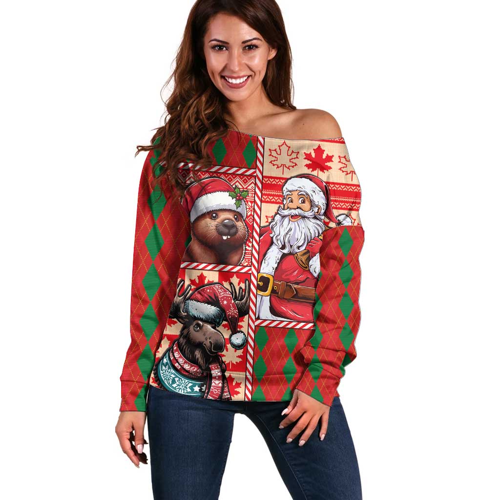 Canadian Christmas Off Shoulder Sweater Santa Hoho Holiday - A Beaver and Moose - Wonder Print Shop