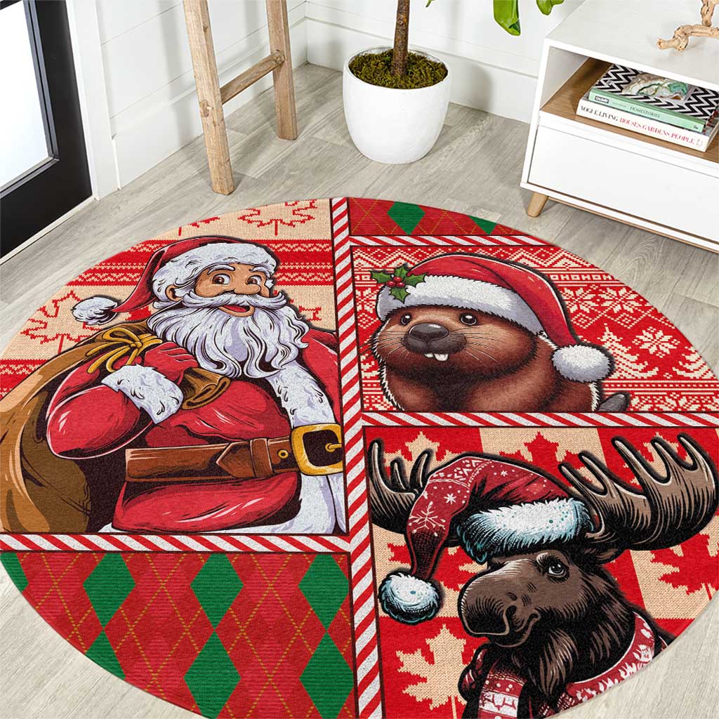 Red round holiday area rug with Santa, moose, beaver and reindeer graphics