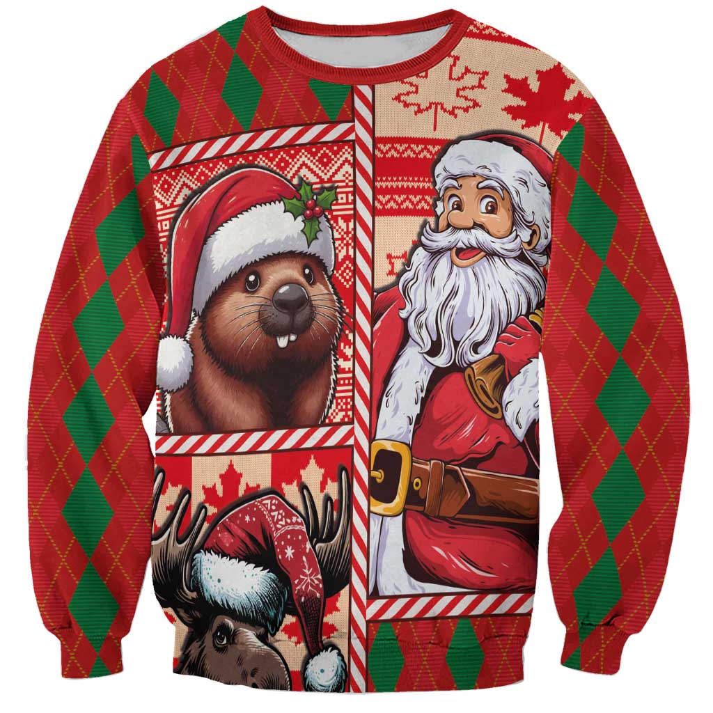Red unisex crewneck sweatshirt with Santa and woodland animal holiday graphic, front view