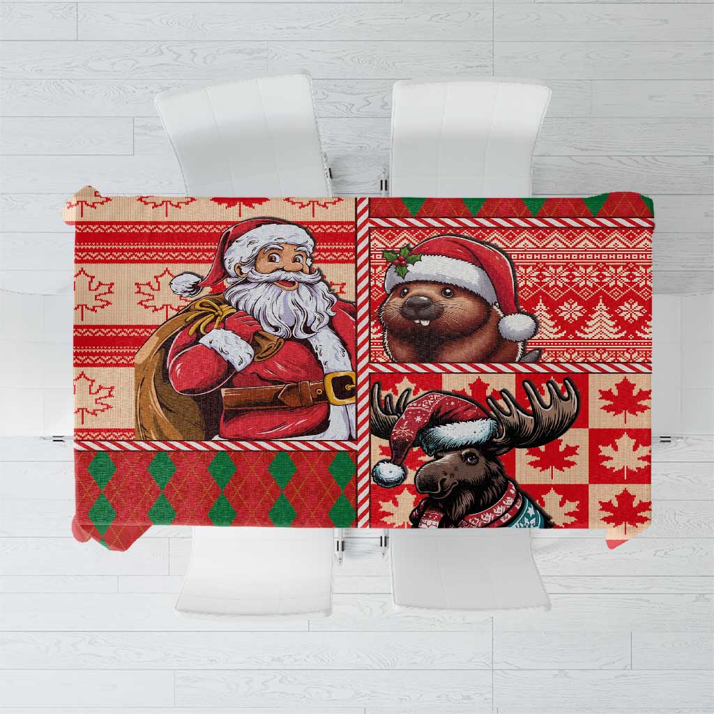 Red Christmas tablecloth with Santa, beaver, and moose graphics and patterned border