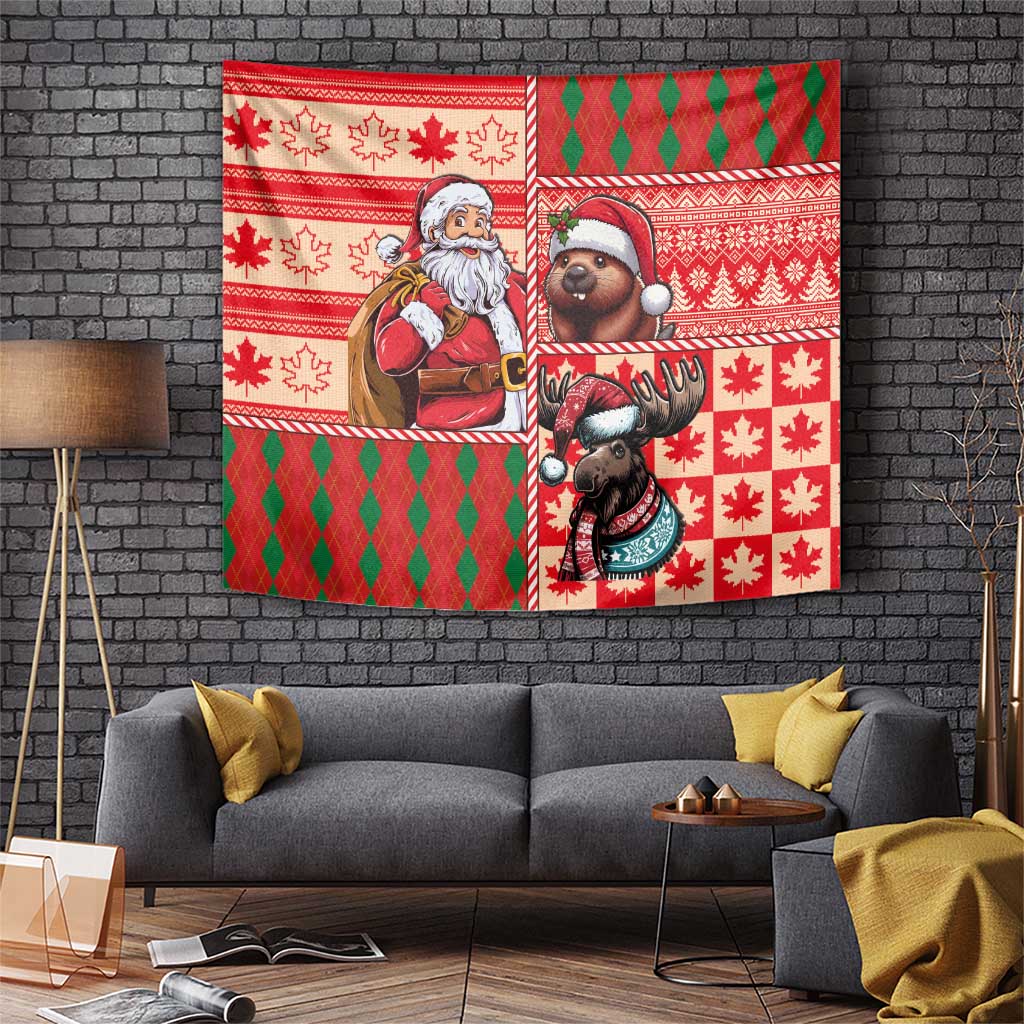 Red holiday tapestry with Santa, a bear in a cap, a moose and beaver in patterns