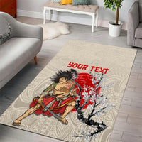 Beige area rug with samurai and cherry blossom branches, plus red 'YOUR TEXT' label