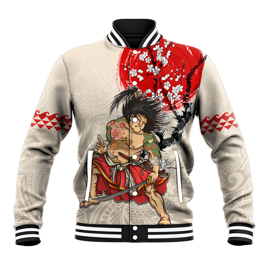 Beige baseball jacket with red samurai graphic, striped ribbed collar and cuffs