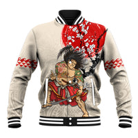 Beige baseball jacket with red samurai graphic, striped ribbed collar and cuffs