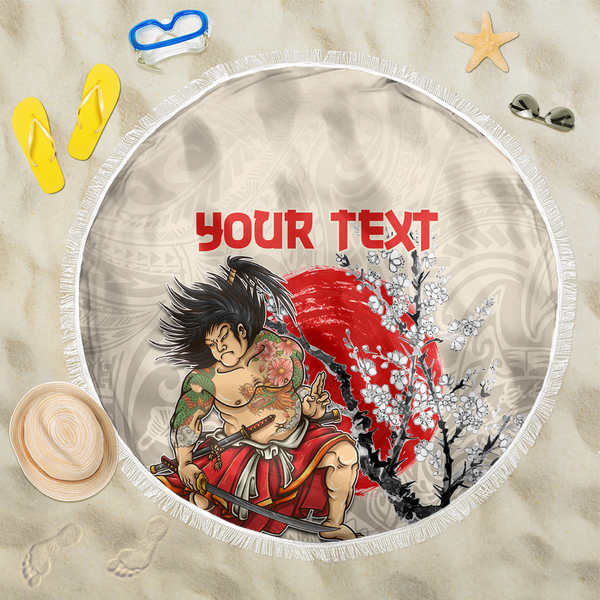 Beige round beach blanket with fringe, samurai and cherry blossom graphic, your text