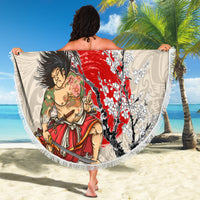 Beige round beach blanket with fringe, samurai and cherry blossom graphic, your text