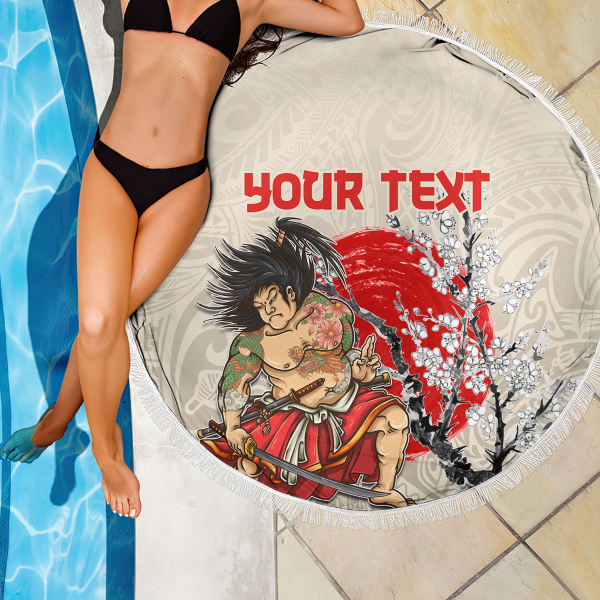 Beige round beach blanket with fringe, samurai and cherry blossoms, your text