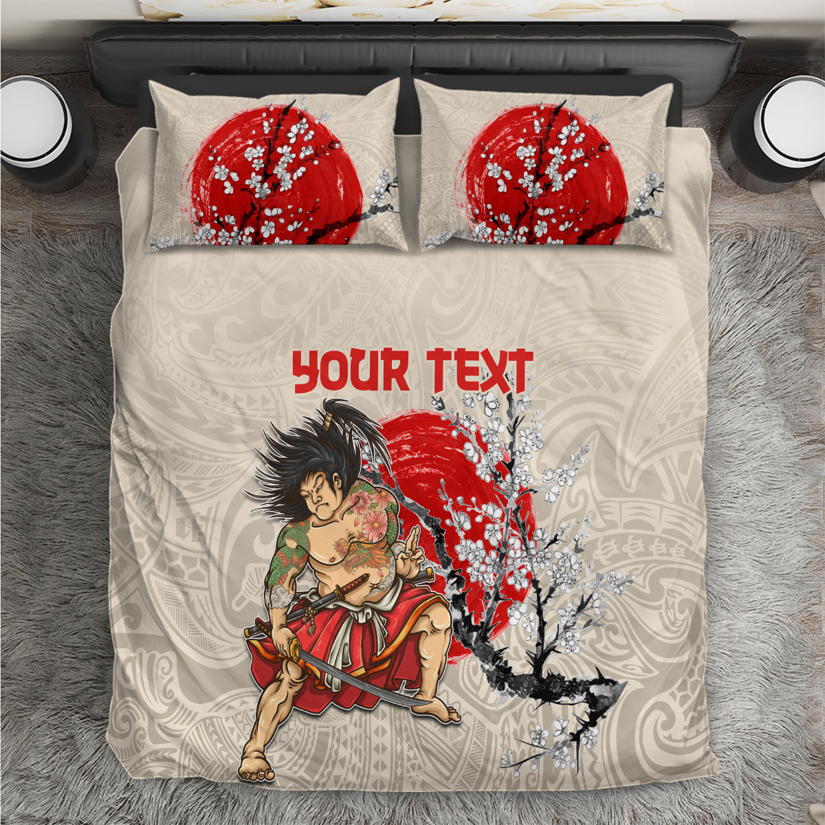 Beige bedding set with two pillows, red cherry blossom and samurai graphic, “Your Text”