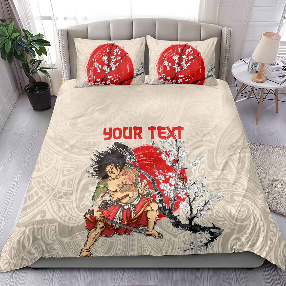 Beige duvet and two pillows with red cherry blossom and samurai print, “Your Text”