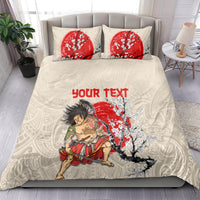 Beige duvet and two pillows with red cherry blossom and samurai print, “Your Text”