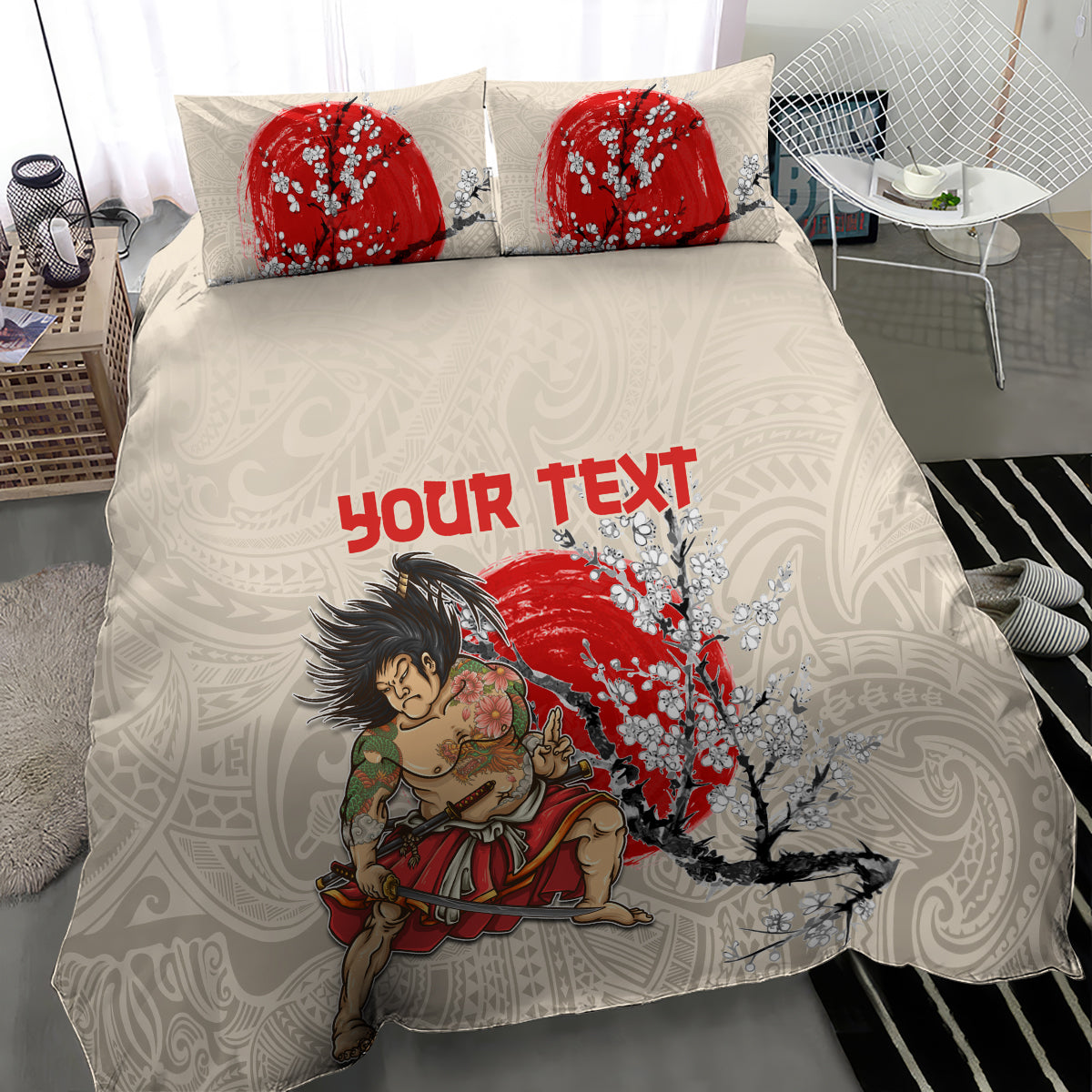 Beige bedding set featuring red cherry blossom and samurai artwork with “Your Text”