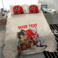 Beige bedding set featuring red cherry blossom and samurai artwork with “Your Text”